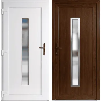 Vchodové dveře OknaDvereNaMiru.cz Vchodové plastové dveře Hana + INOX orámování, zlatý dub / bílá, levé, otevírání dovnitř, 105x205 cm