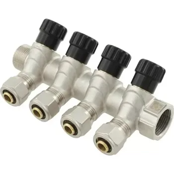 rozdělovač topení Sanitární rozdělovač s regulačními ventily 3/4"x1/2"x16 se čtyřmi okruhy