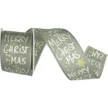 Stuha Vánoční stuha látková MERRY CHRISTMAS stříbrná 40mm x 2m (7,50Kč/m) ( Vánoční stuha látková, jednostranný potisk, s drátkem)