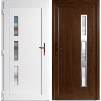 Vchodové dveře OknaDvereNaMiru.cz Vchodové plastové dveře Julie + INOX orámování, zlatý dub / bílá, levé, otevírání dovnitř, 105x205 cm