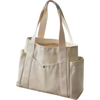 Nákupní taška Velká plátěná taška přes rameno s kapsami Stylová nákupní a pracovní taška Na notebook do 15,6'' Plátěná kabelka přes rameno krémová