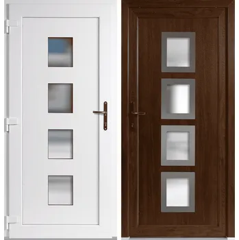 Vchodové dveře OknaDvereNaMiru.cz Vchodové plastové dveře 010 + INOX orámování, zlatý dub / bílá, levé, otevírání dovnitř, 88x198 cm