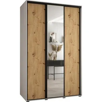 Šatní skříň Šatní skříň s posuvnými dveřmi a zrcadlem DAVOS 160cm | Bílá / DUB Artisan / černé pojezdy