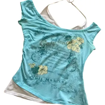 Dámské dvouvrstvé tričko s potiskem Les Galleries Volný výstřih na ramena Elegantní vrstvený top s krajkovým motivem na přední straně modrá L