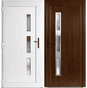 Vchodové dveře OknaDvereNaMiru.cz Vchodové plastové dveře Venus + INOX orámování, zlatý dub / bílá, levé, otevírání dovnitř, 100x210 cm