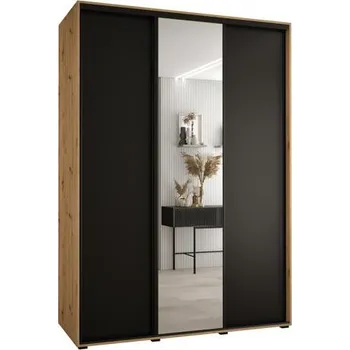 Šatní skříň Šatní skříň s posuvnými dveřmi a zrcadlem DAVOS 170cm |DUB Artisan / černá / černé pojezdy