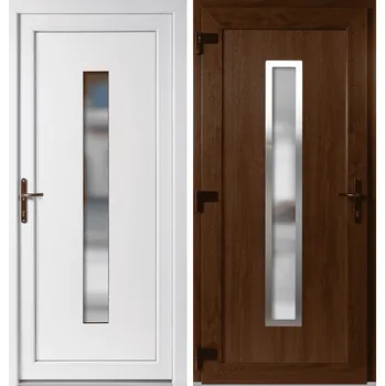 Vchodové dveře OknaDvereNaMiru.cz Vchodové plastové dveře Hana + INOX orámování, zlatý dub / bílá, levé, otevírání ven, 88x198 cm