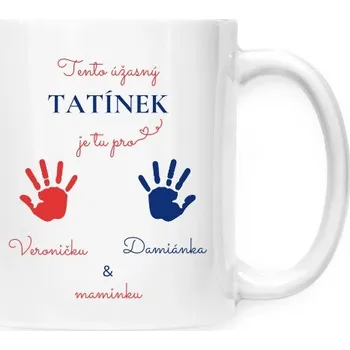 Hrnek malý bílý s potiskem Úžasný tatínek s otisky dlaní a jména 2 dětí