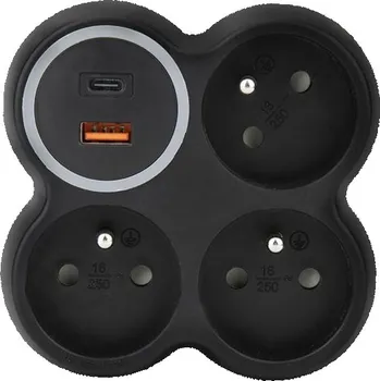 Elektrická zásuvka Solight rozbočka, 3x 15A, USB A+C rychlonabíječka 20W PD, matná černá
