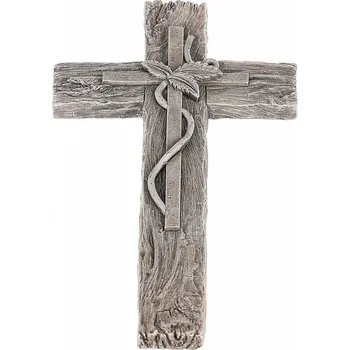 Pietní dekorace Kříž s lístky, imitace dřeva, polyresin, 11 x 21 x 2 cm, šedá
