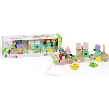 Dřevěná hračka Teddies Vlak + 2 vagóny JUNGLE - dřevěná tahací stavebnice - 27 dílků