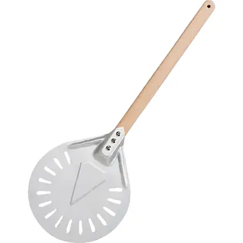 Vařečka Lopata na pizzu s děrovanou kulatou hlavou 23 x 40 cm Hliníková servírovací lopatka s dřevěnou rukojetí Děrovaná kulatá pizza lopatka Kuchyňské náčiní