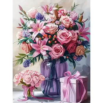 Diamantové malování Diamantové malování/Homfun - Kytice růží a lilií s dárečkem + perleťové kamínky NOVINKA