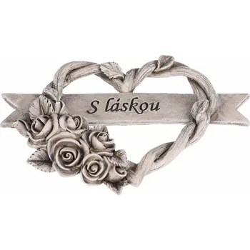 Pietní dekorace Srdce s růžemi a stuhou, polyresin, 12 x 10 x 2 cm, šedá