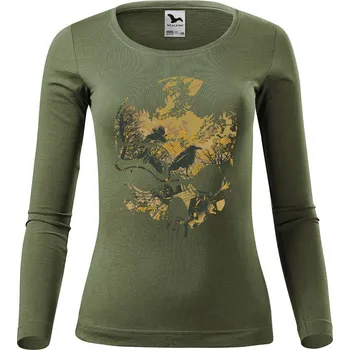 DOBRÝ TRIKO Dámské bavlněné triko Lebka a ptáci Velikost: XL, Barva: Khaki