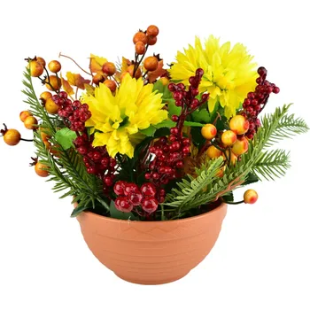 umělá květina Podzimní miska se žlutými chryzantémami 25x25 cm