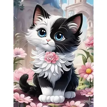 Diamantové malování Diamond painting/Homfun - Černobílá kočička + třpytivé kamínky