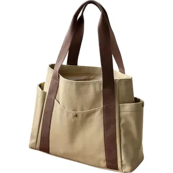 Velká plátěná taška přes rameno s kapsami Stylová nákupní a pracovní taška Na notebook do 15,6'' Plátěná kabelka přes rameno hnědá