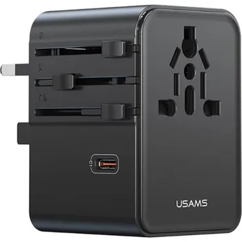 USAMS CC310 univerzální cestovní adaptér s porty 3x USB-C / 2x USB-A a výsuvnými zástrčkami - 70W - černý