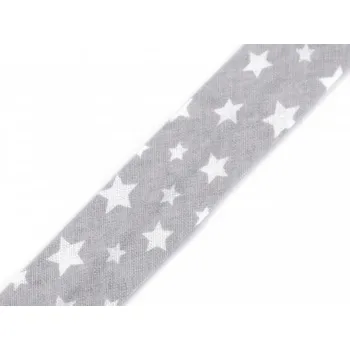 Šikmý proužek bavlněný šíře 20 mm zažehlený - hvězdičky -1m Barva: bílé na šedé