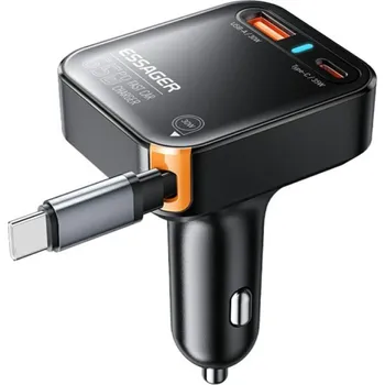 ESSAGER F760 sada autonabíječky s porty USB-C / USB-A a výsuvného kabelu USB-C - 65W - 0,6 m - černá
