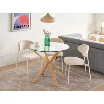 Jídelní stůl Kulatý jídelní stůl prosklený tvrzené sklo se světlým dřevem ø 90 cm skandinávský styl Beliani