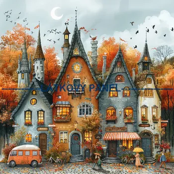 Látkový panel - Podzimní krajinka, domečky - BAR-95 Velikost: 30x30cm, Materiál: Bavlna