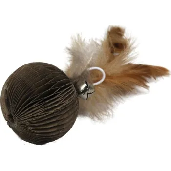 Hračka pro kočku Koule kartonová s peřím a rolničkou 4 cm
