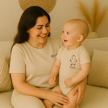 Kojenecká souprava Párové trička s výšivkou PERNÍČKA a jménem pro mámu a dítě Velikost dítěte: Body 3-6m, Velikost maminky + Barva triček: S - BÉŽOVÉ