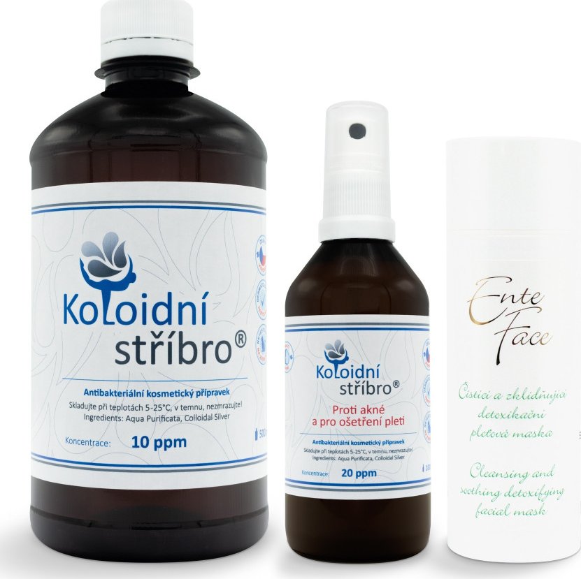 Koloidní stříbro s.r.o. Sada proti akné a pro ošetření pleti 500 ml 10 ppm PLAST + 100 ml sprej 20 ppm + EnteFace 50 ml