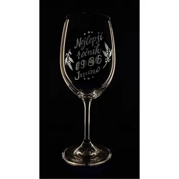 Sklenice Sklenka na víno, nejlepší ročník 1986 - ručně ryté (broušené), dárková krabička