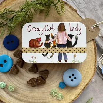 Dóza na potraviny Dózička Crazy Cat Lady 11*7*2 cm, Alex Clark (Plechová dóza s kočkou)