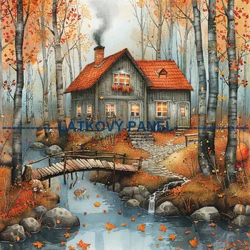 Látkový panel - Podzimní krajinka, domečky - BAR-98 Velikost: 25x25cm, Materiál: Teplákovina nepočesaná
