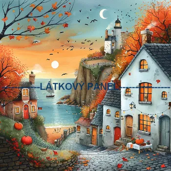 Látkový panel - Podzimní krajinka, domečky - BAR-100 Velikost: 25x25cm, Materiál: Úplet