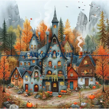 Látkový panel - Podzimní krajinka, domečky - BAR-99 Velikost: 25x25cm, Materiál: Kočárkovina