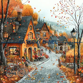 Látkový panel - Podzimní krajinka, domečky - BAR-96 Velikost: 30x30cm, Materiál: Bavlna