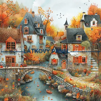 Látkový panel - Podzimní krajinka, domečky - BAR-97 Velikost: 30x30cm, Materiál: Bavlna