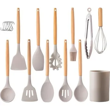 Příslušenství pro myčku 12ks silikonová sada kuchyňského náčiní s dřevěnou rukojetí Tepelně odolné nepřilnavé špachtle