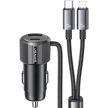 USAMS US-CC287 sada autonabíječky s porty USB-C / USB-A a kabelu Lightning a USB-C - 66W - 1 m - černá