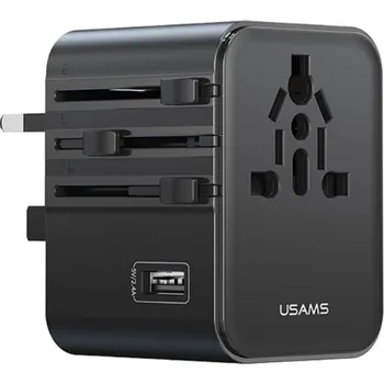 USAMS CC308 univerzální cestovní adaptér s porty 2x USB-C / USB-A a výsuvnými zástrčkami - 17W - černý