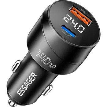 ESSAGER ES-CC19 autonabíječka s displejem a porty USB-C / USB-A - 140W - černá