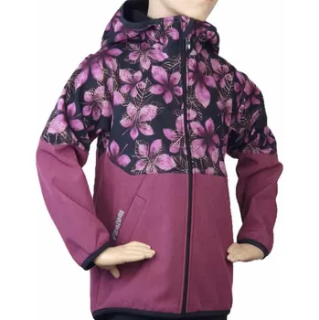 Dívčí bunda DÍVČÍ SOFTSHELLOVÁ BUNDA S KYTKAMA FM008 Velikost: 110, Barva: Vínový melír s kytkama