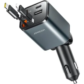 JOYROOM CCL05 sada autonabíječky s porty USB-C / USB-A a výsuvného kabelu Lightning a USB-C - 50W - 0,8 m - tmavě šedá