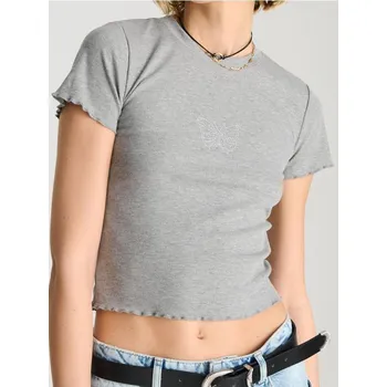 Dámské tričko Sinsay - Tričko s lesklým potiskem - šedá - 444FG-9MM - 444FG-9MM-L