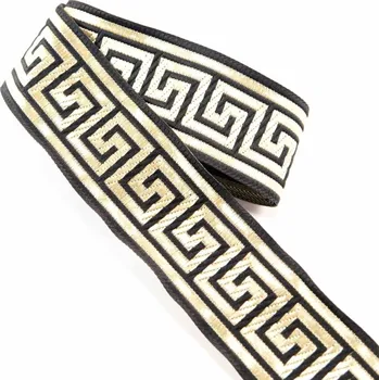 Stuha Černý prýmek se zlatým egyptským vzorem - černá, zlatá - šíře 3,3 cm