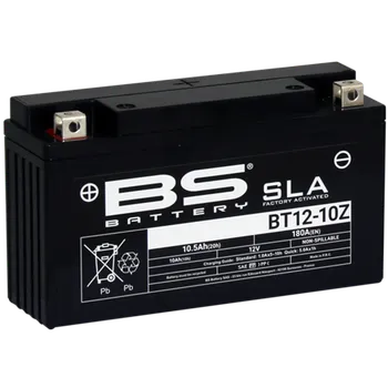 Motobaterie V továrni aktivovaný akumulátor BS-BATTERY BT12-10Z (FA) (Vo výrobe aktivovaný SLA akumulátor (VRLA, AGM za mokra nabitý), značenie podľa normy JIS YT12-10Z (FA), 12V 10Ah CCA 180A, Rozmery 194x59x112mm, Maximálny náklon 90°.)