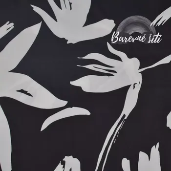 Galanterie Hedvábí Dubaj, Bílé květy na černé (E) (Hedvábná lehká vzdušná šatovka)