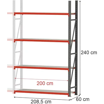Dílenský regál Regalydoskladu Skladový regál 4-policový FORTIS 240x208,5x60 cm modul - rozšíření