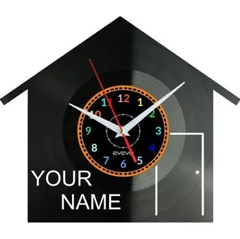 Hodiny Nástěnné hodiny s nápisem "Tvůj dům, Tvé jméno" - Moderní dekorace z vinylové desky jako dárek