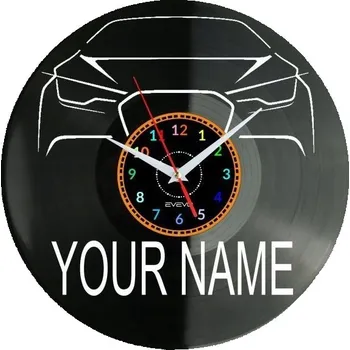 Hodiny Nástěnné hodiny do auta s Vaším jménem - Moderní dekorace z vinylové desky